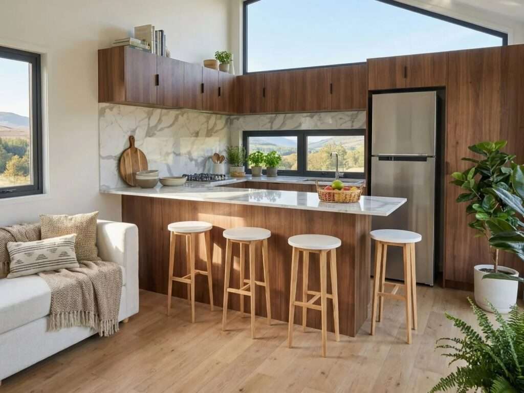 Interior view of a SOMA tiny house kitchen featuring walnut cabinetry, marble-patterned backsplashes, and a breakfast bar with four stools.