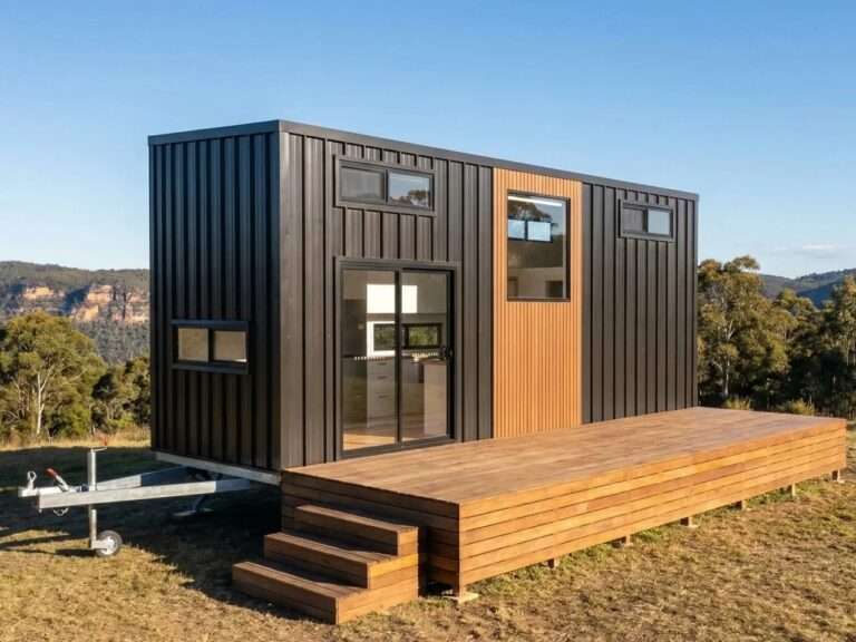 Exterior view of the Byron Bay tiny house on wheels featuring dark corrugated metal siding, warm timber accents, and an attached spacious wooden deck against a mountain backdrop.