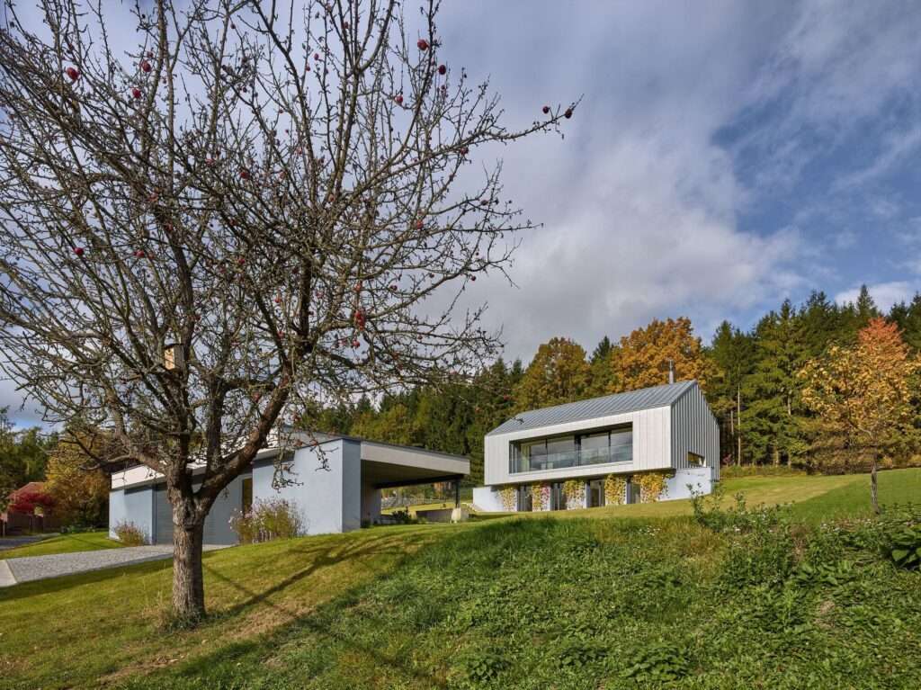 Distant landscape view of a modern house integrated into a sloping green hill next to a forest, with a detached concrete garage at the lower access road level.