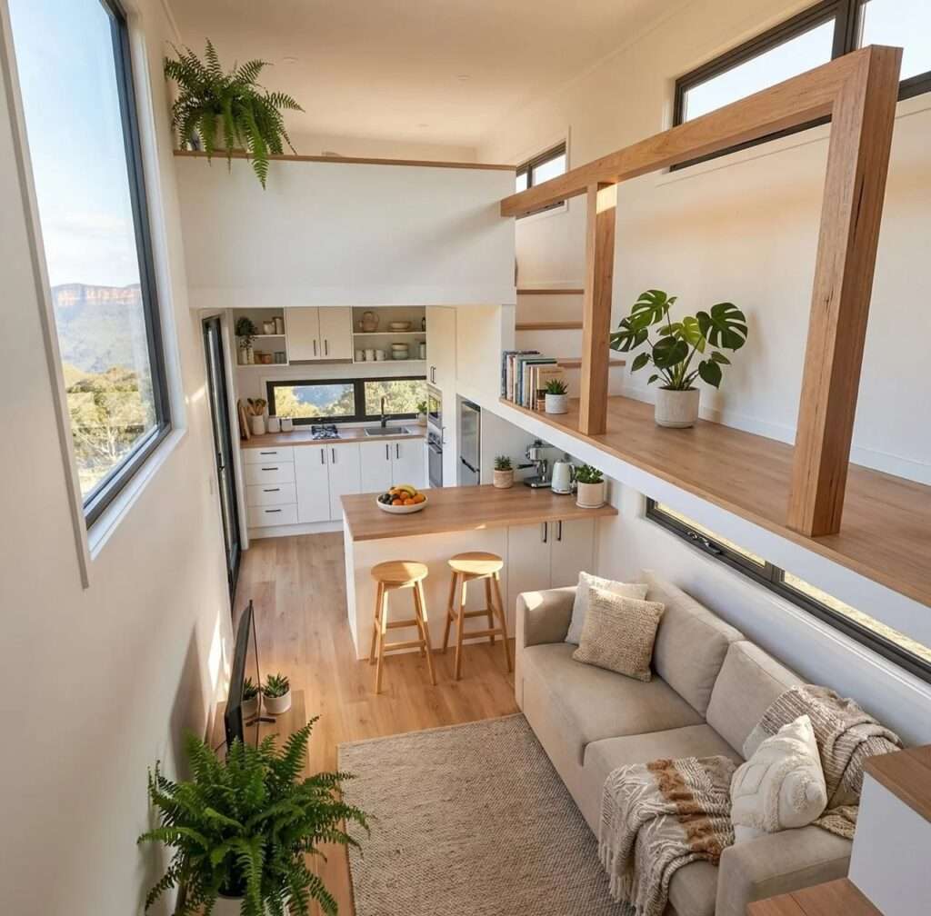 High angle interior view of a modern tiny house living room with a beige sofa, wooden breakfast bar, linear kitchen, and a loft bedroom upstairs.