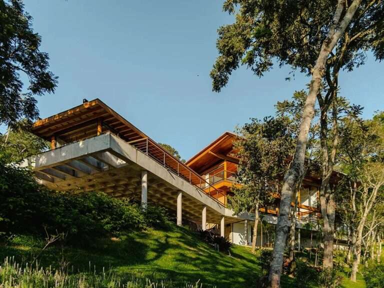 A low-angle exterior view of Casa Pinhal featuring a modern wooden structure supported by concrete pillars on a steep, green mountain slope.