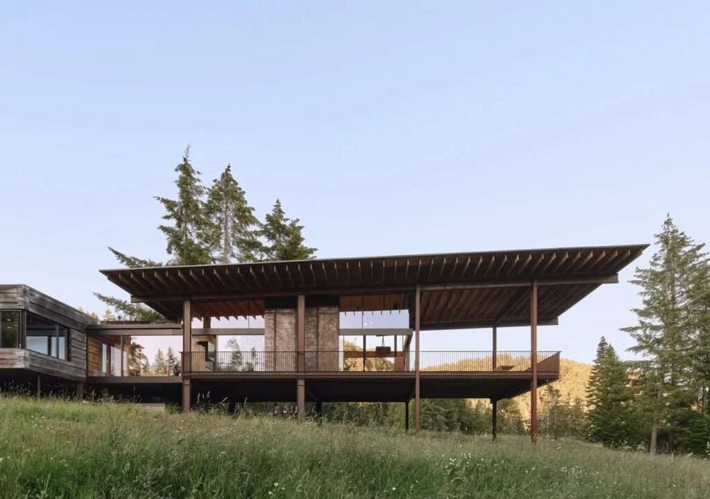 Daisy House by Olson Kundig situated at the edge of a grassy meadow with a linear architectural organization.