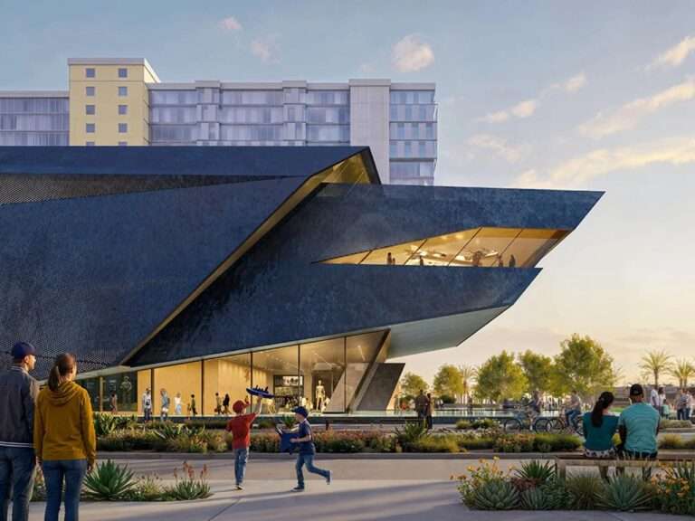 Ground-level architectural rendering of the Navy SEAL Museum San Diego designed by ZGF Architects, showcasing a dark metal angular cantilever inspired by naval special operations craft, with pedestrians and children playing in the foreground plaza at sunset.