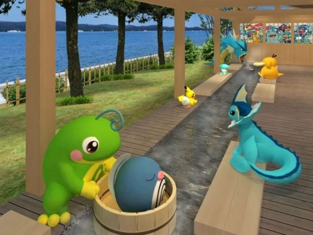 3D rendering of the Pokémon footbath interior showing character models like Politoed, Vaporeon, and Psyduck along the seating area.