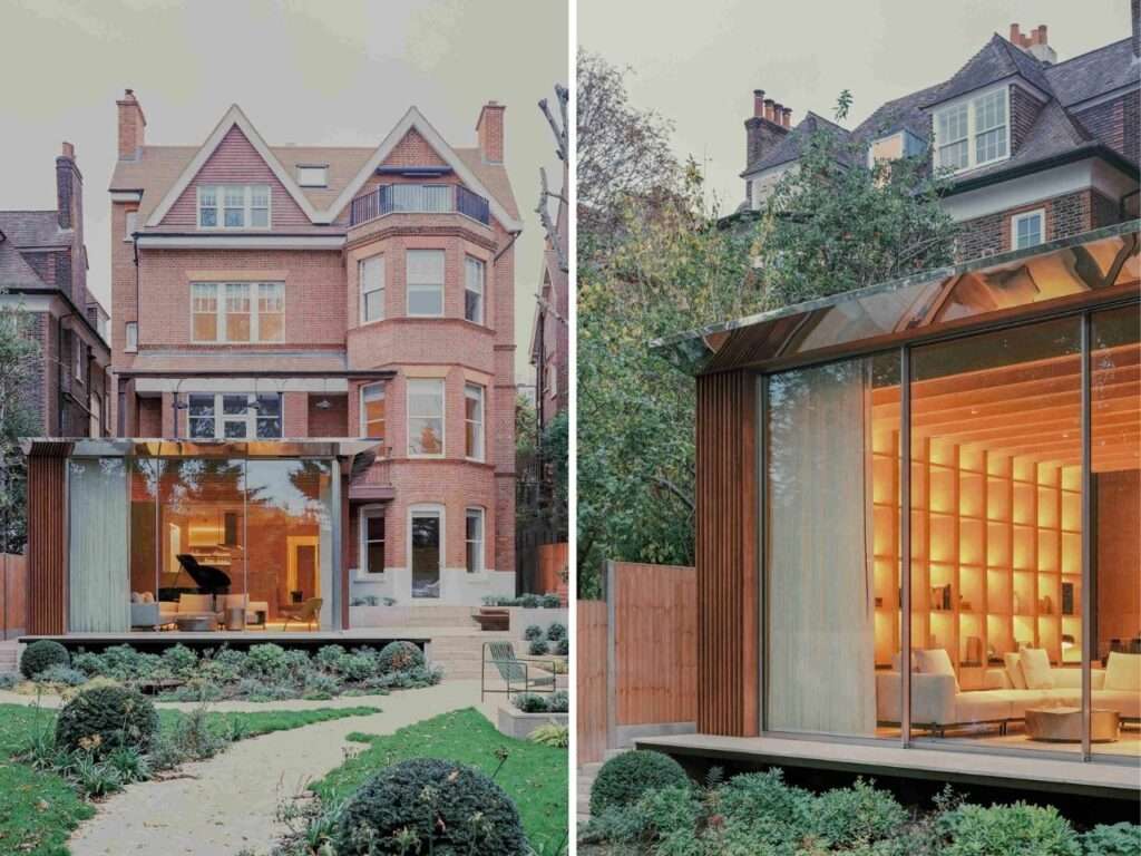 Split image showing the full rear brick facade of the Hampstead house with its garden path, alongside a close-up of the timber louvers and integrated library.
