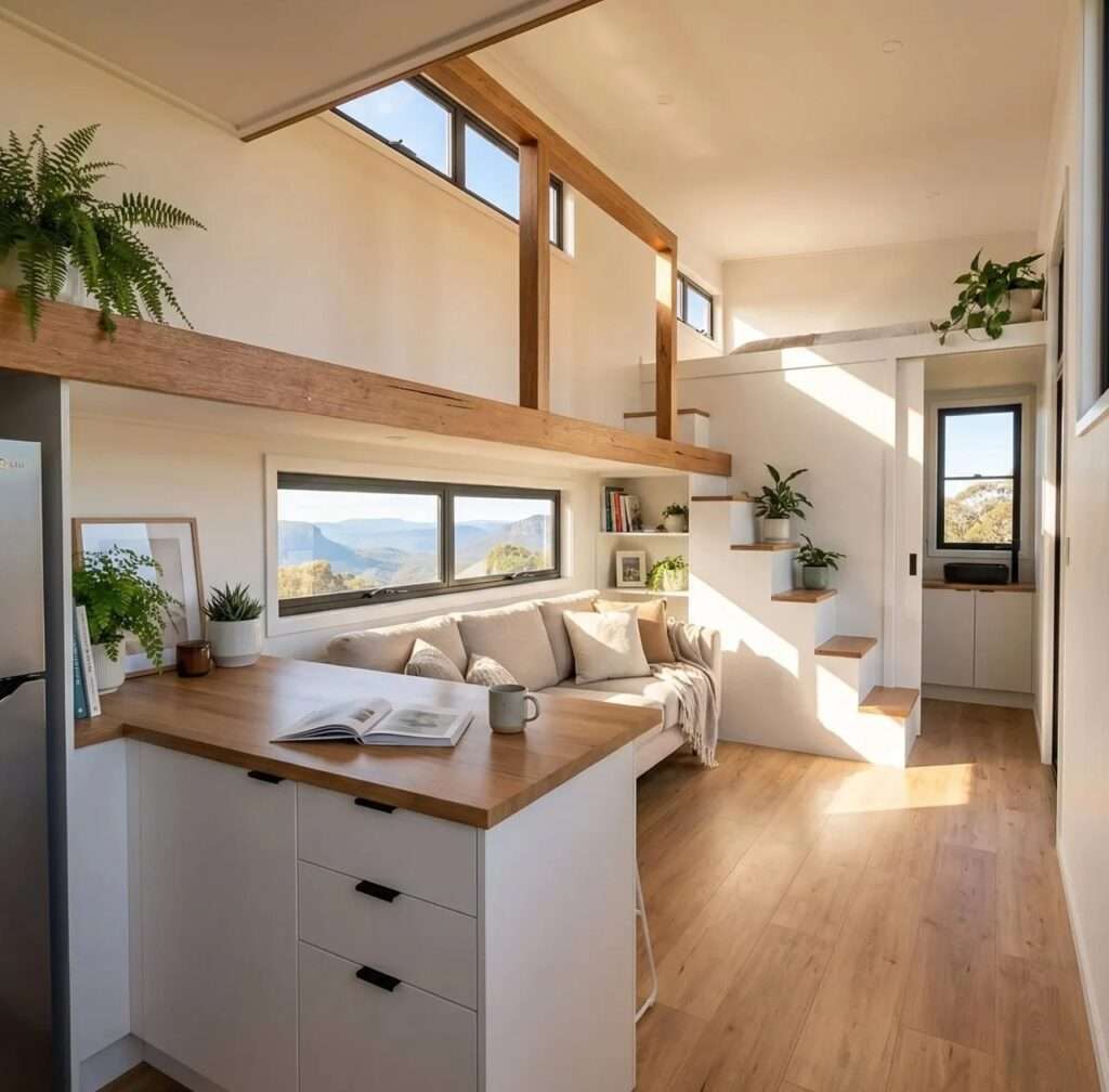 Minimalist tiny home living room with a light beige couch beneath a wide window, featuring a white storage staircase leading to an upper loft.