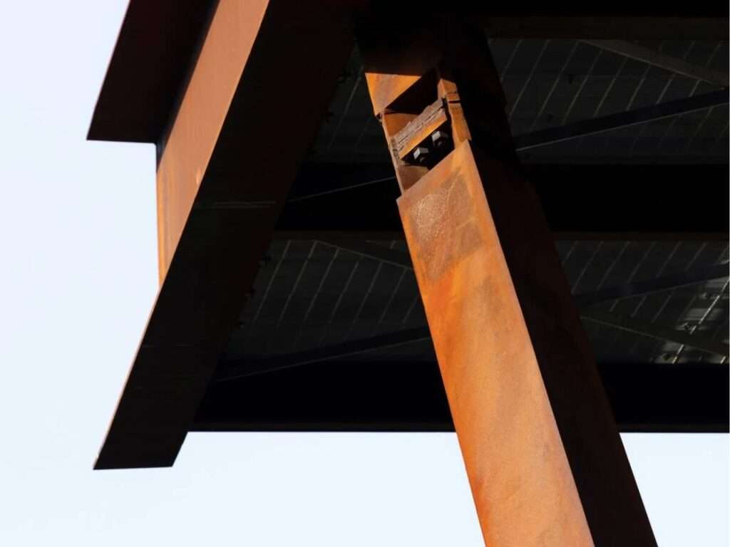 Close-up of a Corten steel structural joint and angled support column of the Southern Lookout.