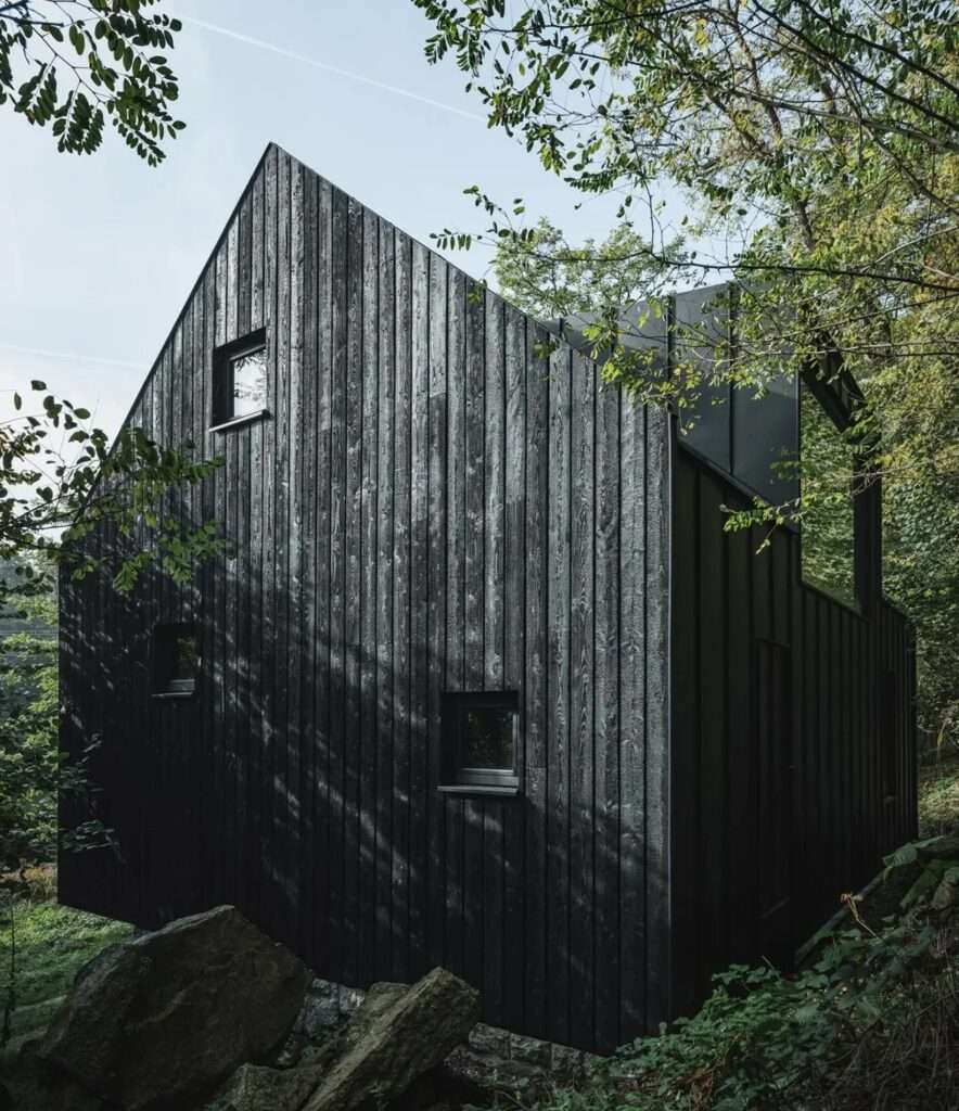 Close-up detail of the exterior facade featuring black charred larch wood texture and small square windows.
