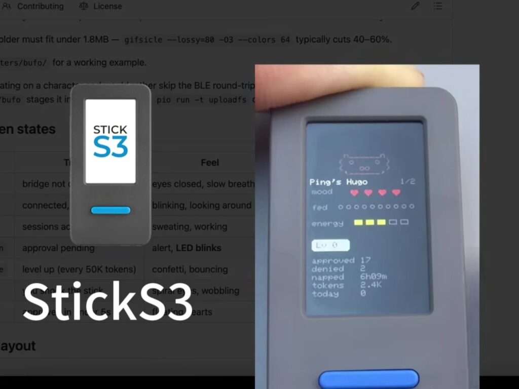 A split composition showing a product render of the StickS3 on the left and a real-world hand-held device on the right showing the customized character interface named Ping's Hugo with health and token stats.