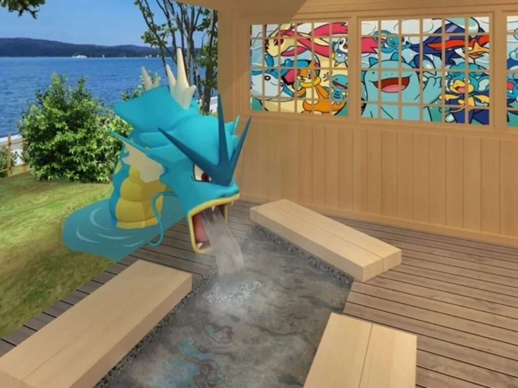 Detailed view of the Gyarados water spout at the Wakura Pokemon Footbath, illustrating the flow of hot spring water.
