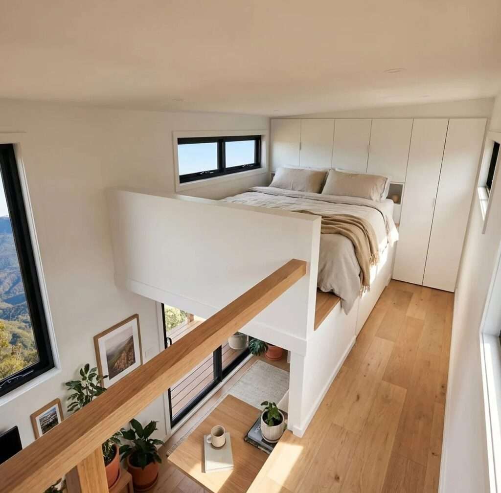 Upper loft bedroom in a tiny house featuring a double bed, white built-in wardrobes, a protective half-wall, and a high-level window.