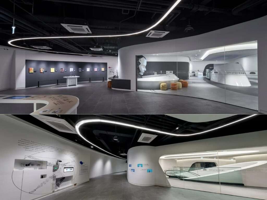 Split image of indoor exhibition galleries within RAIM with dark ceilings, curved linear lighting, glass walls, and interactive AI displays.