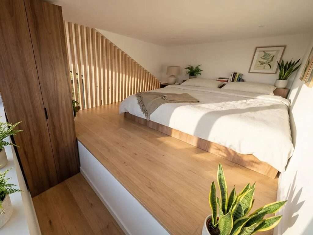 Mezzanine level bedroom in a tiny house with a low-profile bed and vertical wooden slat safety railings overlooking the lower floor.