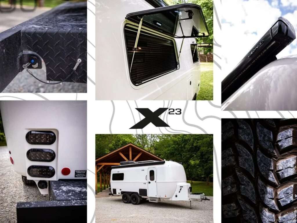 Collage of Oliver Apex X23 details including rugged tires, LED lighting, awning hardware, and the X23 branding.