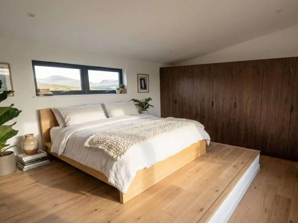 Second mezzanine bedroom with a double bed, full-width walnut closets, and a horizontal window offering mountain views.