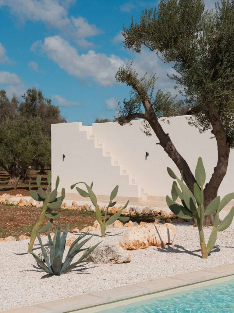 Exterior white wall detail of Villa Normanni with a staircase leading to the roof and local cactus plants in Puglia.