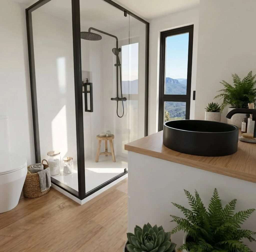 Modern tiny house bathroom featuring a matte black vessel sink on a timber vanity, a glass-enclosed shower corner, and a small window with mountain views.