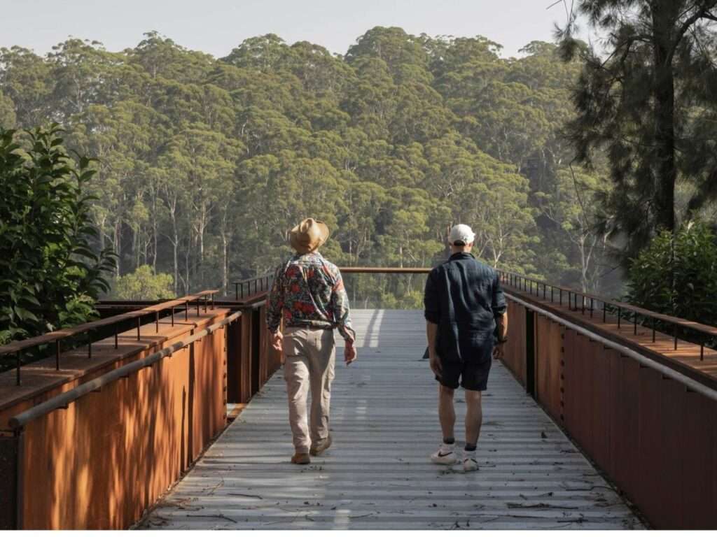 Two visitors walking on the metal deck of the Southern Lookout toward a dense forest horizon.