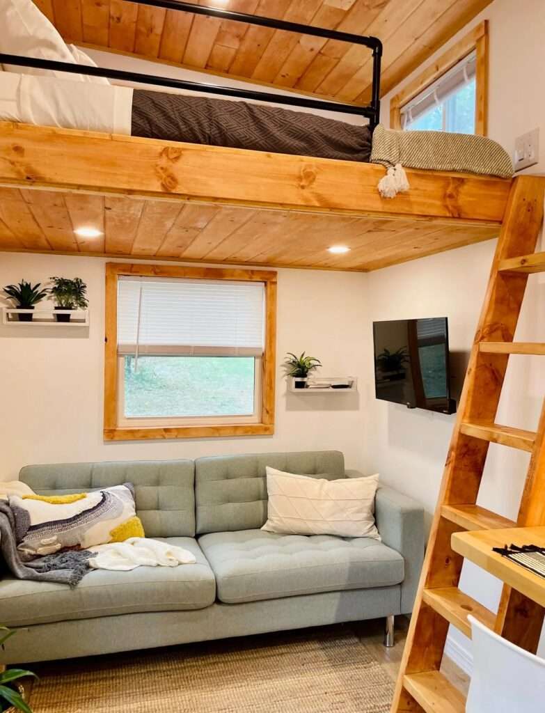 Living area of Rasa tiny home featuring a modern grey sofa, wall-mounted television, and decorative indoor plants.