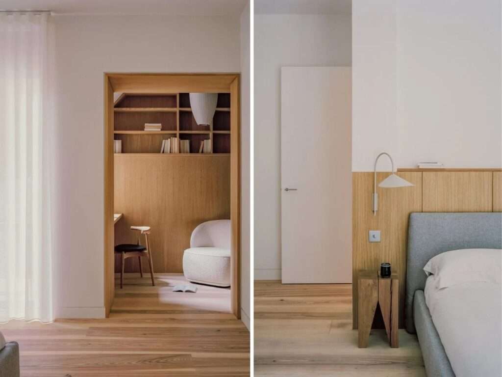 Split view of a private master bedroom suite showing a built-in timber headboard next to a doorway leading into an integrated study alcove.