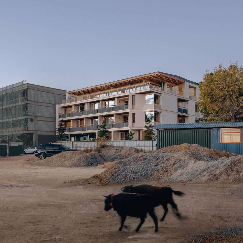 Kawagebo Snow Mountain Hotel seen from a dusty construction site with local livestock in Deqin.