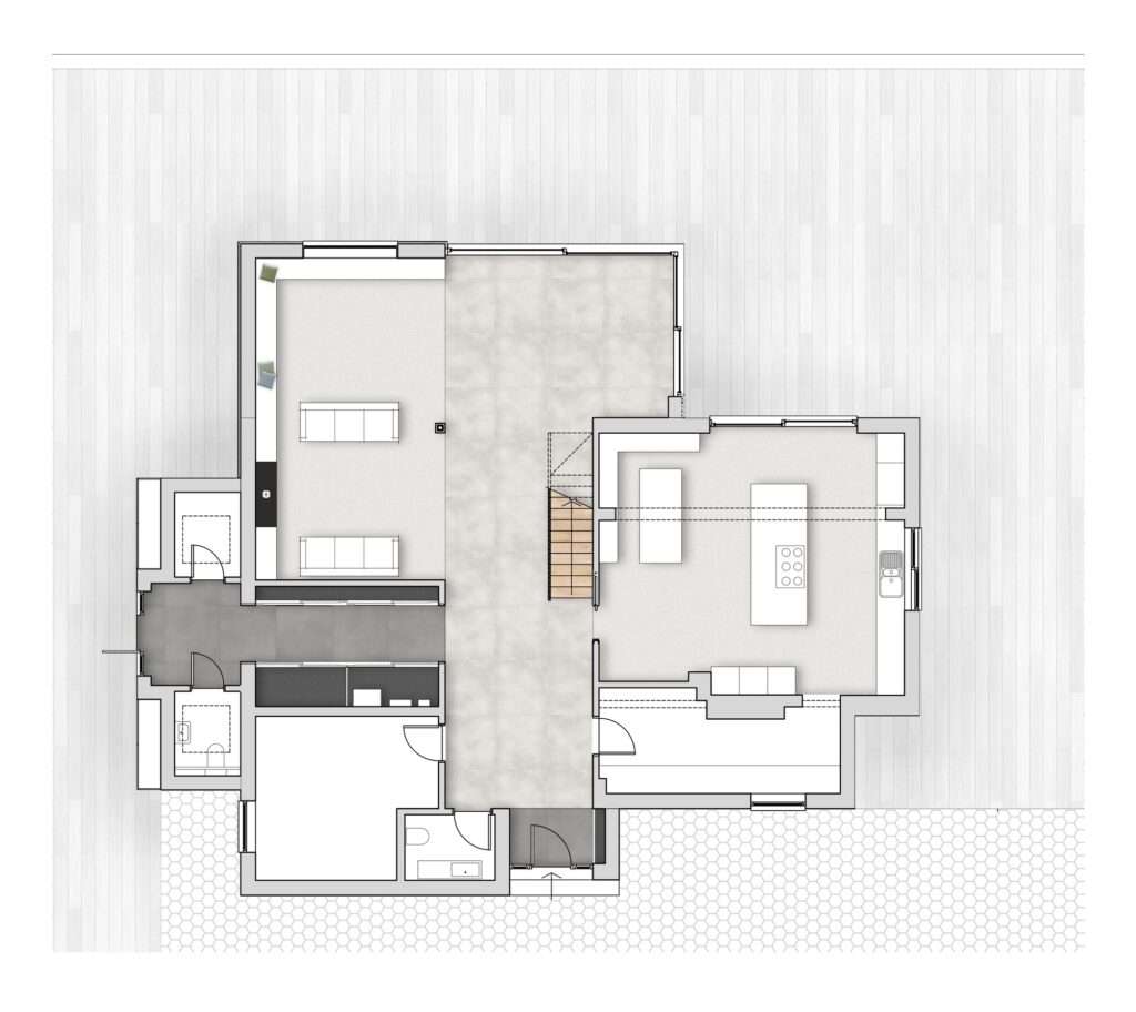 Architectural ground floor plan of Beech Cottage, showing the reorganized living, dining, and open-plan spaces.