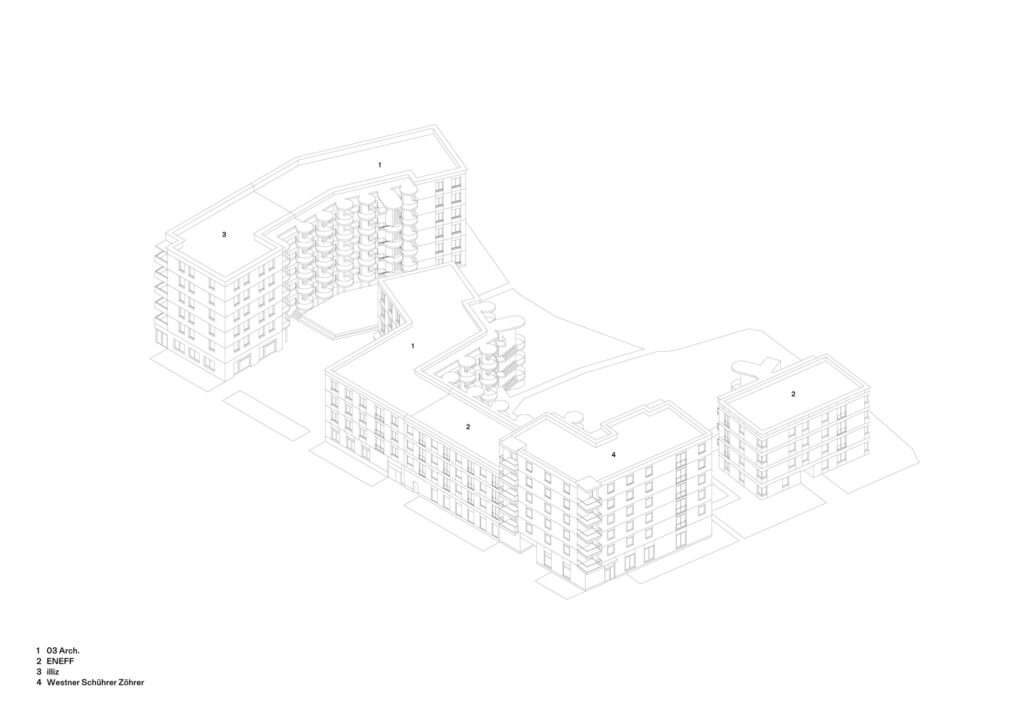 Black and white line-art axonometric drawing showing the multi-block residential complex and specific studio assignments.