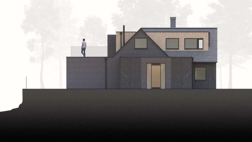 Architectural elevation drawing of Beech Cottage showing the mix of timber cladding and plaster finishes.