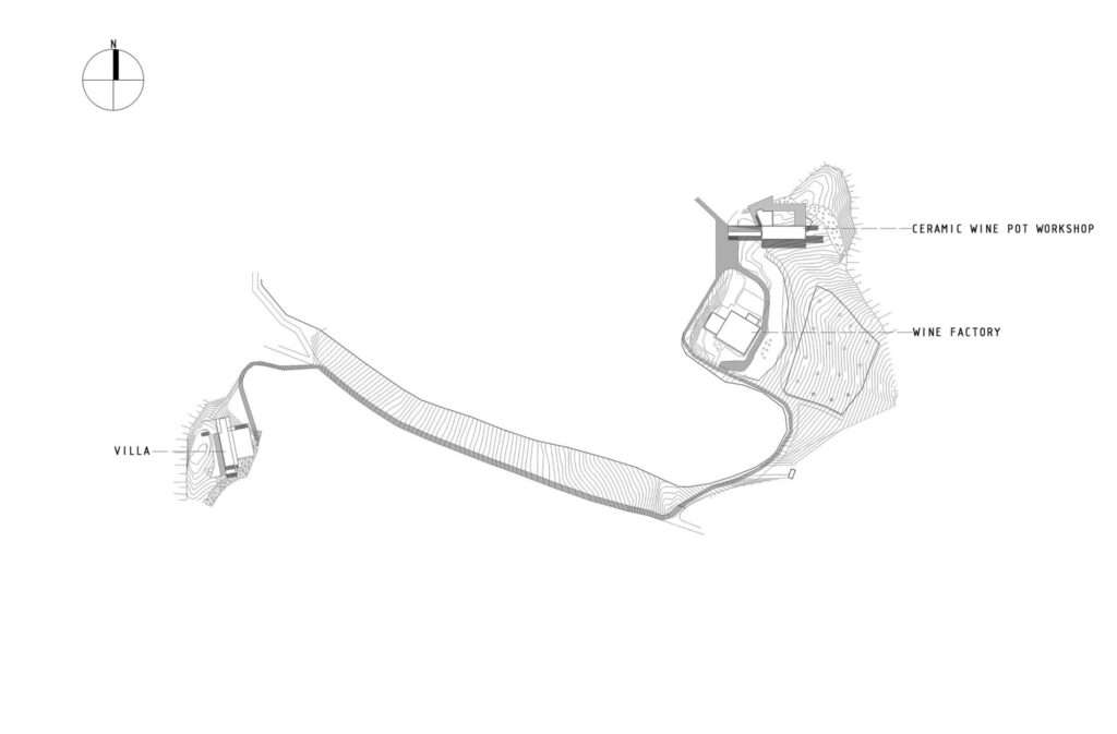 Architectural situational plan map showing the layout and spatial relationship between the villa, the local wine factory, and the ceramic wine pot workshop in Rind.