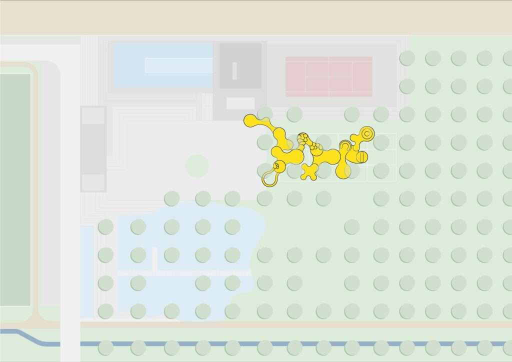 Architectural site plan graphic showing the yellow playground layout overlaying a grid of olive trees, pool, and sports facilities.