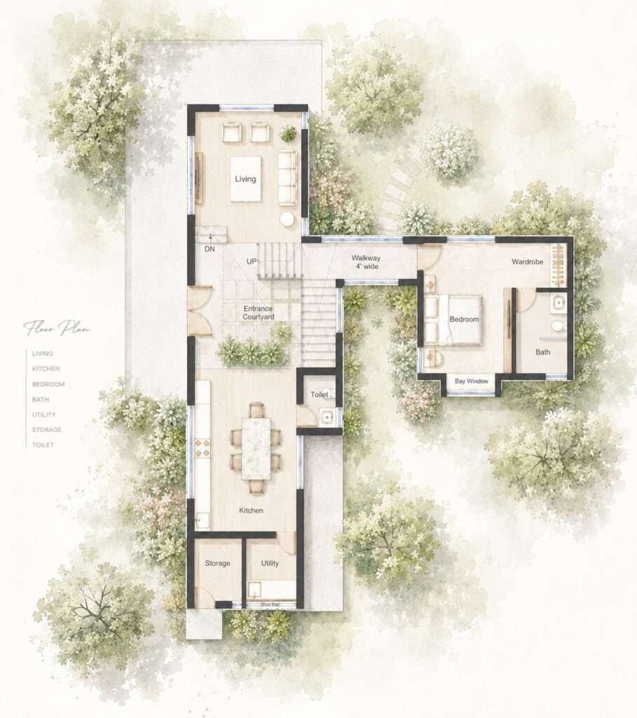 Artistic watercolor architectural ground floor plan layout of Svatamman house, showing the entrance courtyard, living area, kitchen, and bedroom surrounded by trees.
