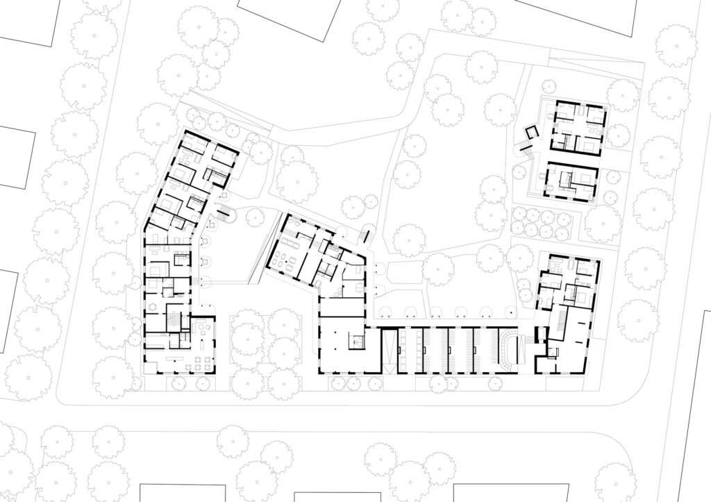 Comprehensive architectural ground floor plan and site map of the Freiham cooperative housing community.