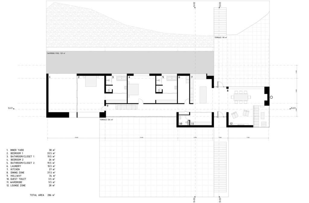 Architectural floor plan of the single-story linear villa in Rind, documenting rooms, longitudinal axes, 30-meter swimming pool, inner yard, and total area of 286 square meters.