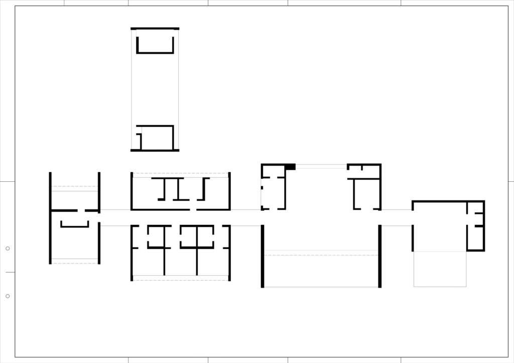 Architectural black and white linear floor plan diagram of Casa Inter Pires showing pavilion arrangements and main corridor axis.