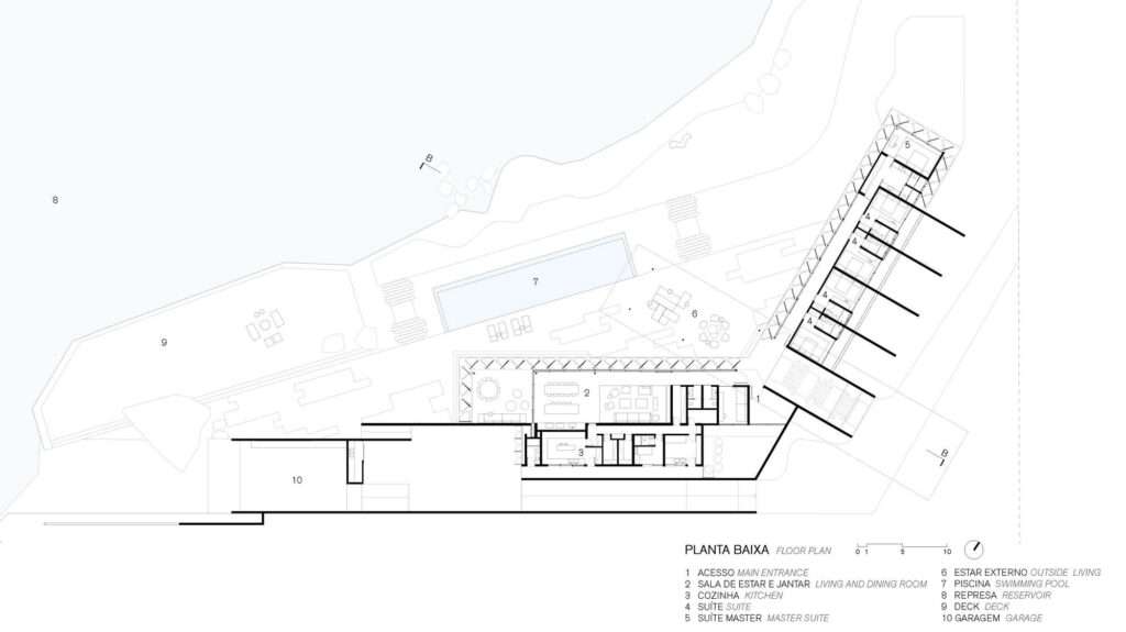 Architectural floor plan of the House in Minas Gerais, showing layout, rooms, and integration with the lake and pool.