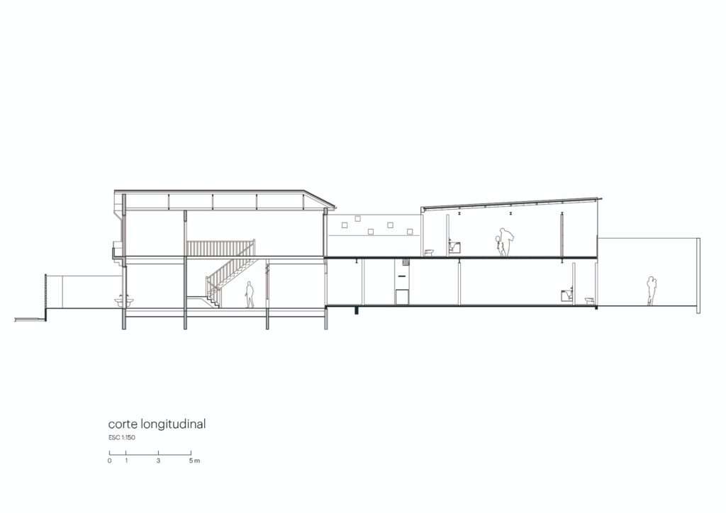 Architectural longitudinal section showing the relationship between the eclectic building and the new contemporary additions.