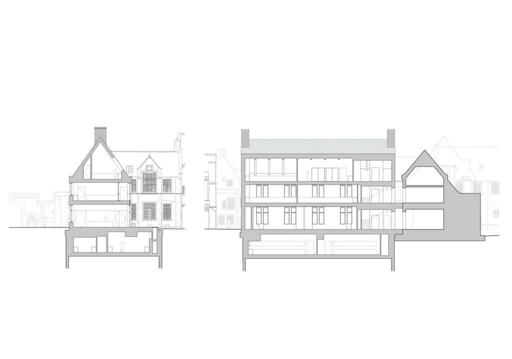 Architectural cross and longitudinal section drawings showing the basement depth, ground floor, first floor, and attic spaces of the Rausing Science Centre.