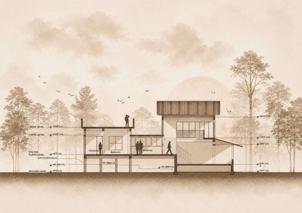 Architectural cross section drawing of Svatamman house demonstrating the stepped levels, stilted plinth, internal walkway, and roof levels relative to the sloping ground.