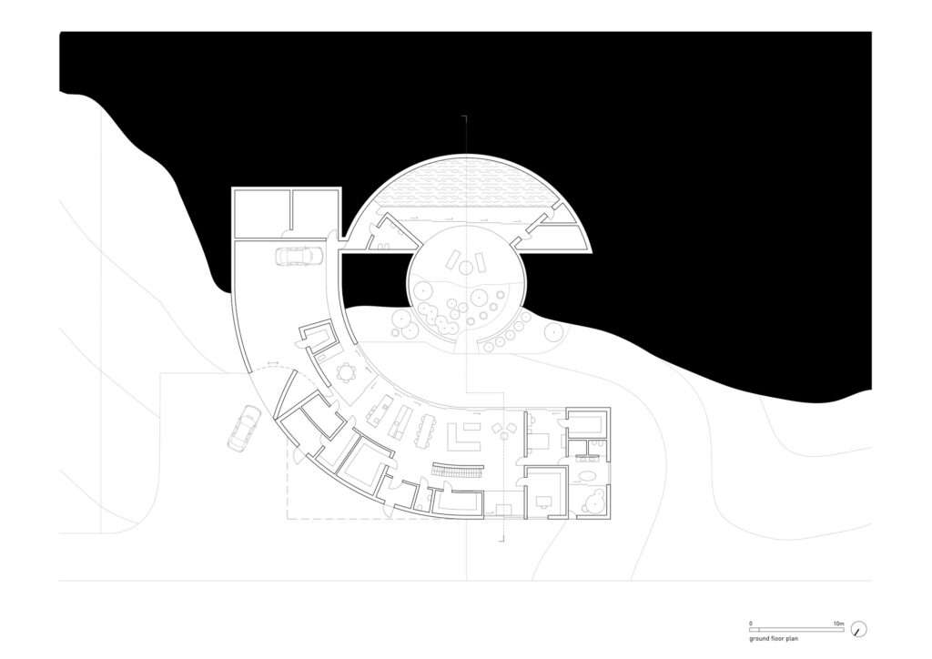 Architectural ground floor plan diagram of the Yaw House showing the curved functional layout, garage zone, living spaces, and the central circular pool extension.