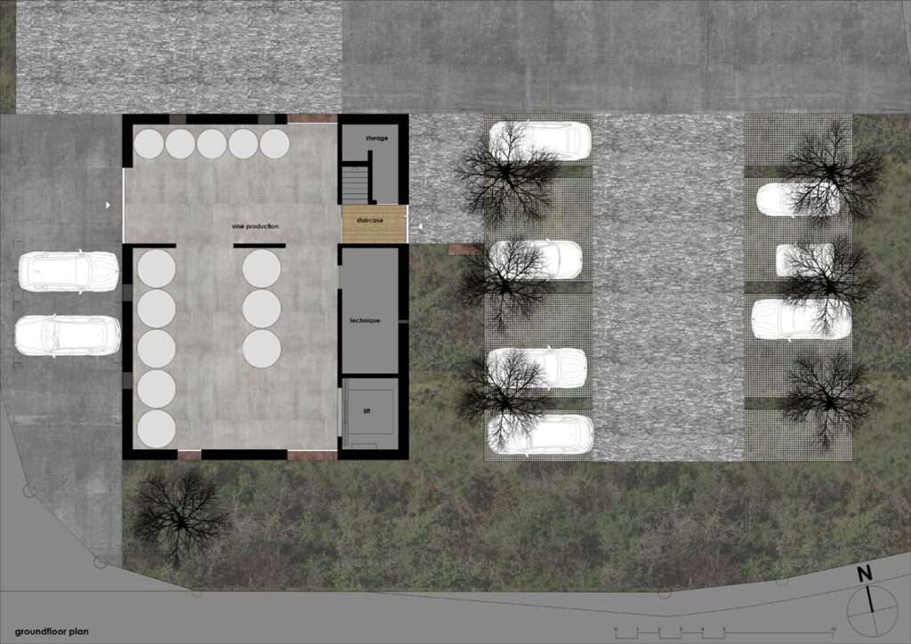 Architectural ground floor plan of the Cantina Hauser winery, showing the layout of the production hall, storage, stairs, and parking area.