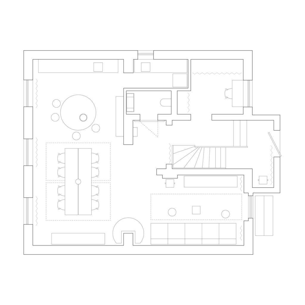 Black and white architectural floor plan of the P81 House ground floor showing the open living, dining, and kitchen layout.
