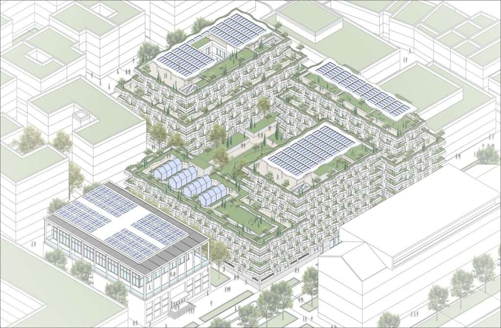 3D axonometric sustainability diagram of the Secret Gardens project showing solar panels, greenhouses, and internal courtyards.
