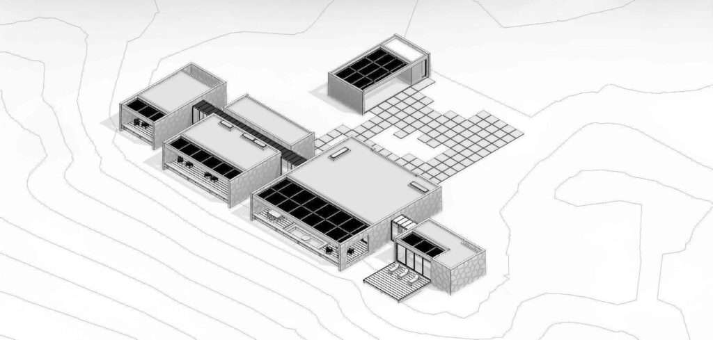 3D isometric architectural drawing of Casa Inter Pires showing solar photovoltaic panels on the roofs and topographical contour lines.