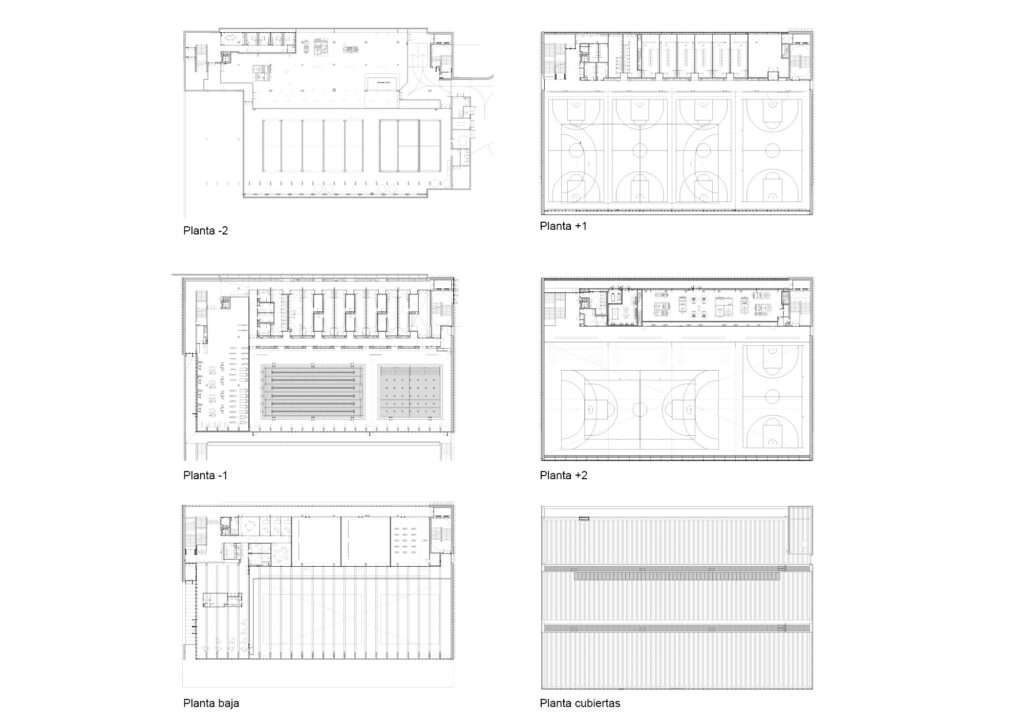 Detailed architectural floor plan drawing showing six levels of the sports center, including pools at the lower levels, indoor courts on upper floors, and service zones.