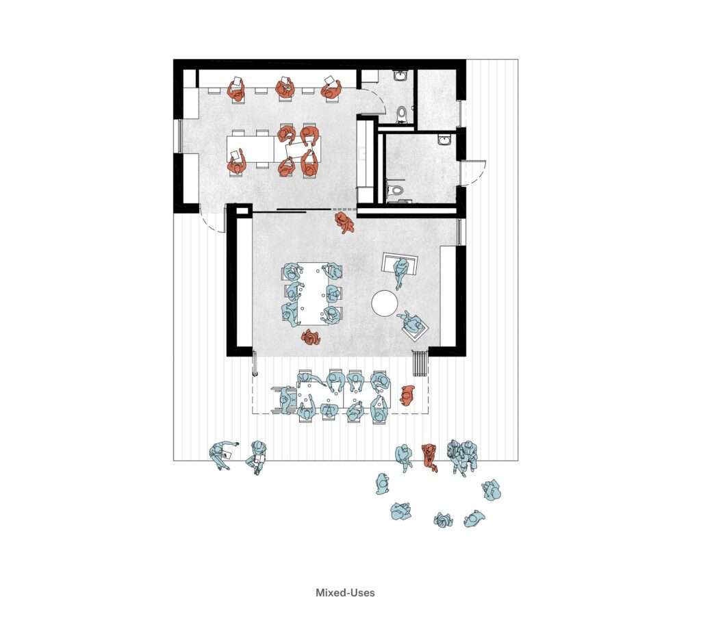 Architectural floor plan diagram of Mabelle Park pavilion showing internal rooms, kitchen, restrooms, office desks, and outdoor seating configurations.