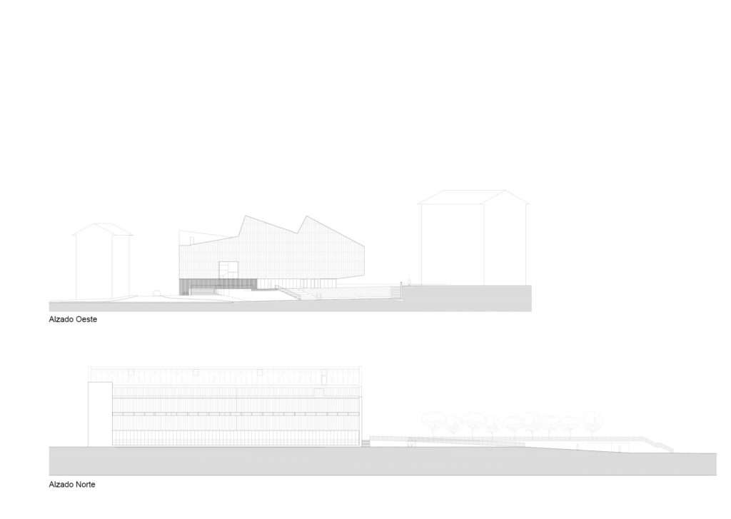 Technical elevation drawings showing the west facade profile with its jagged roofline and the long north facade overlooking the public access ramp.