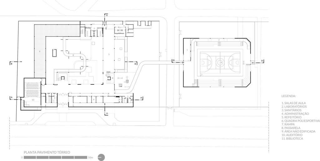 Black and white architectural blueprint of the ground floor plan of the school, showing the classroom block with internal ramp courtyard on the left and the sports court building on the right.