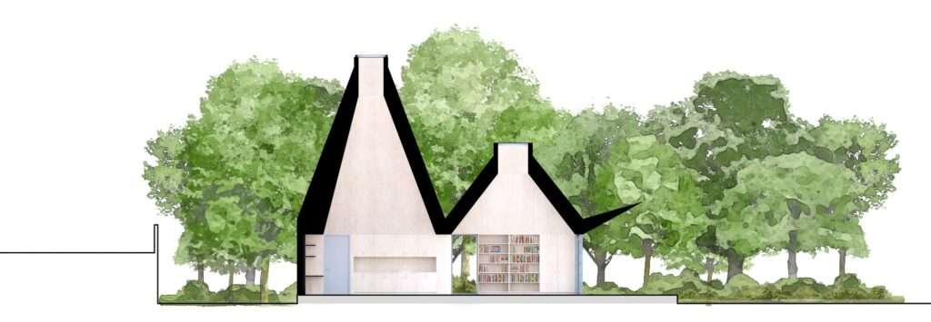 North-South architectural section drawing illustrating the dramatic tapered high roofs, skylights, interior shelving, and surrounding tree canopy.