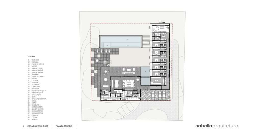 Architectural ground floor plan drawing of Casa Escultura displaying the orthogonal L-shaped configuration, courtyard, pool, and room layout.