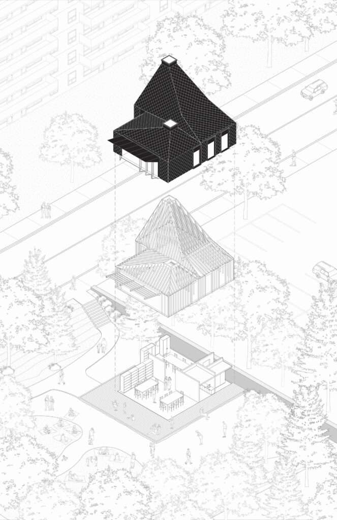 Exploded axonometric architectural drawing showing the layers of the pavilion from the foundation, interior partitions, framing, up to the diamond aluminum roof cladding.